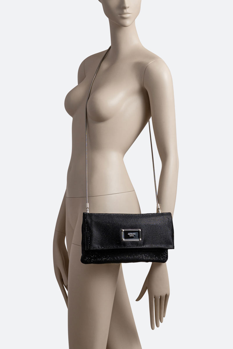 Clutch fluffy in satin e cristalli nero