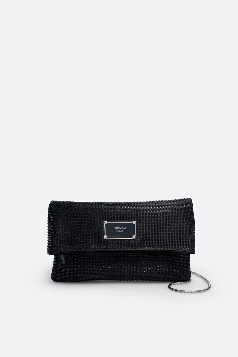 Clutch fluffy in satin e cristalli nero