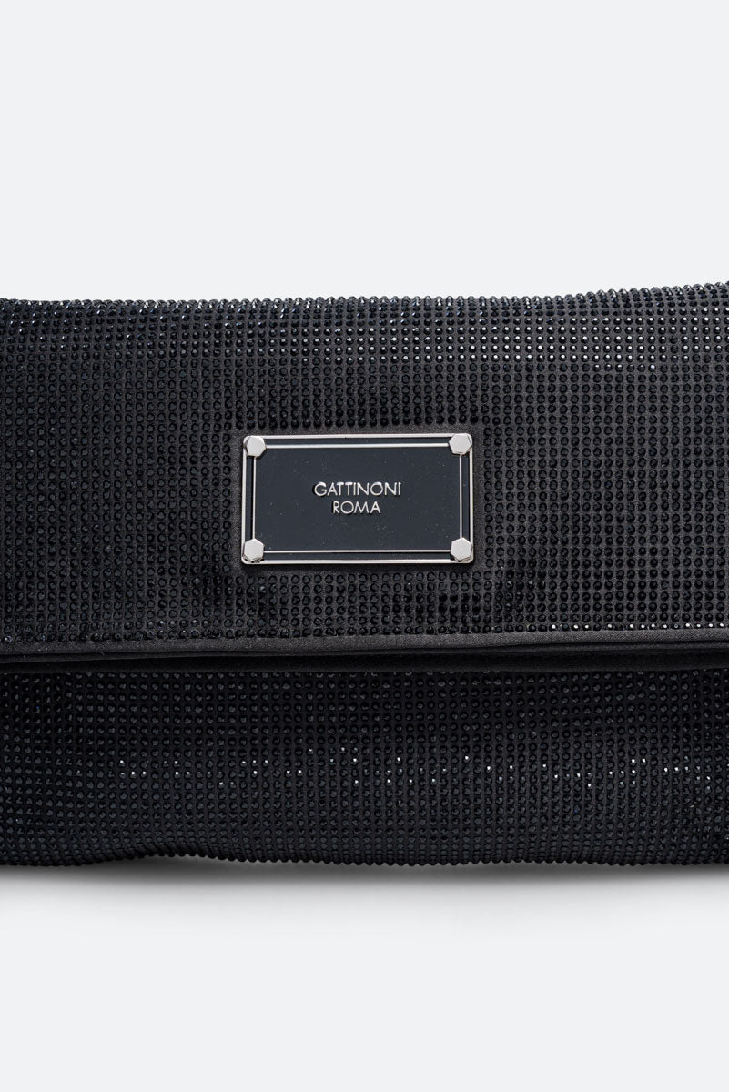 Clutch fluffy in satin e cristalli nero