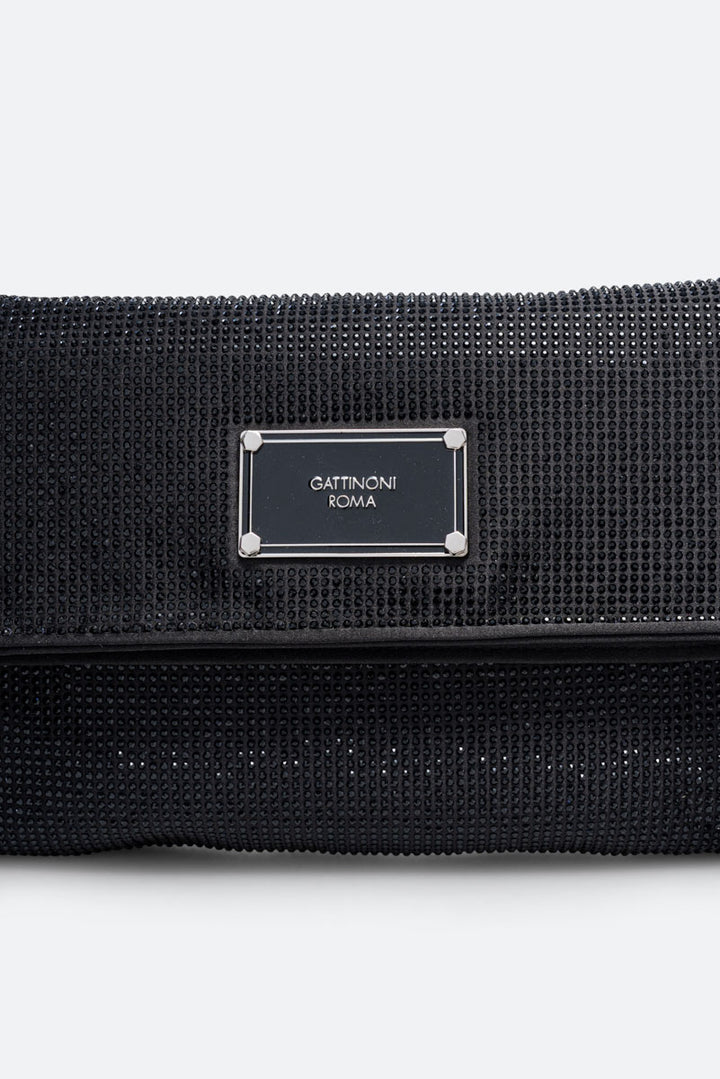 Clutch fluffy in satin e cristalli nero