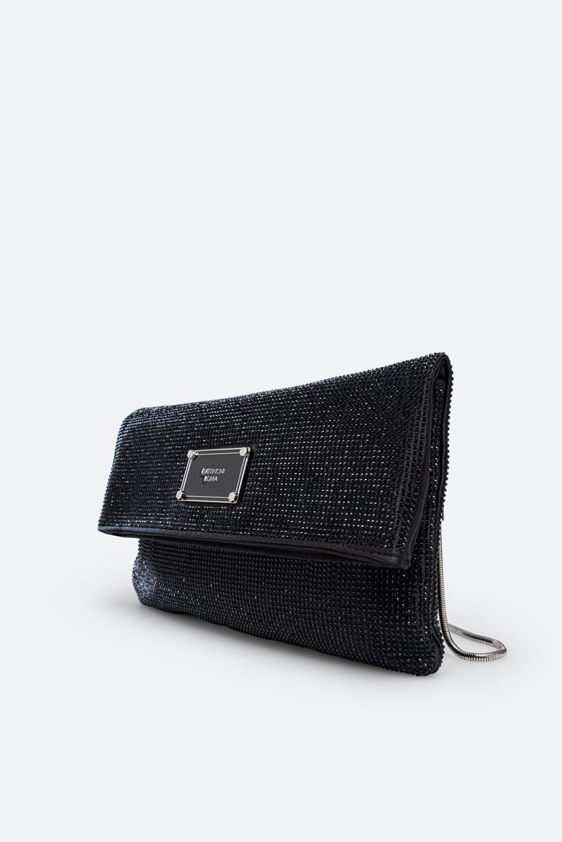 Clutch fluffy in satin e cristalli nero