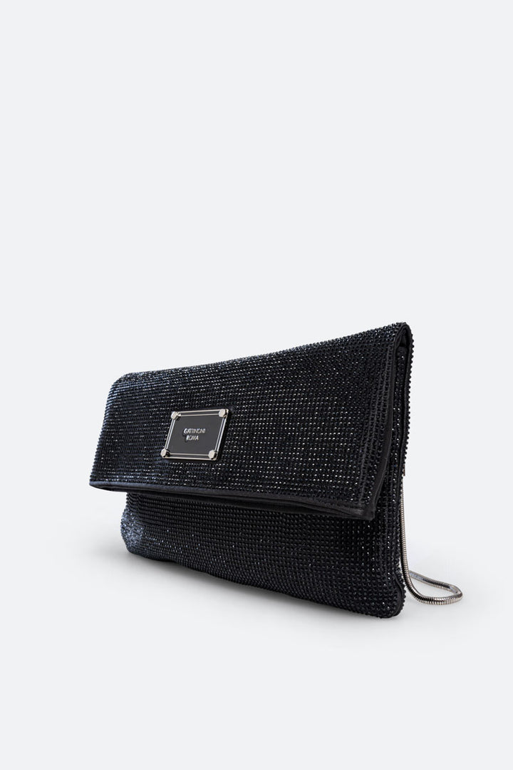 Clutch fluffy in satin e cristalli nero