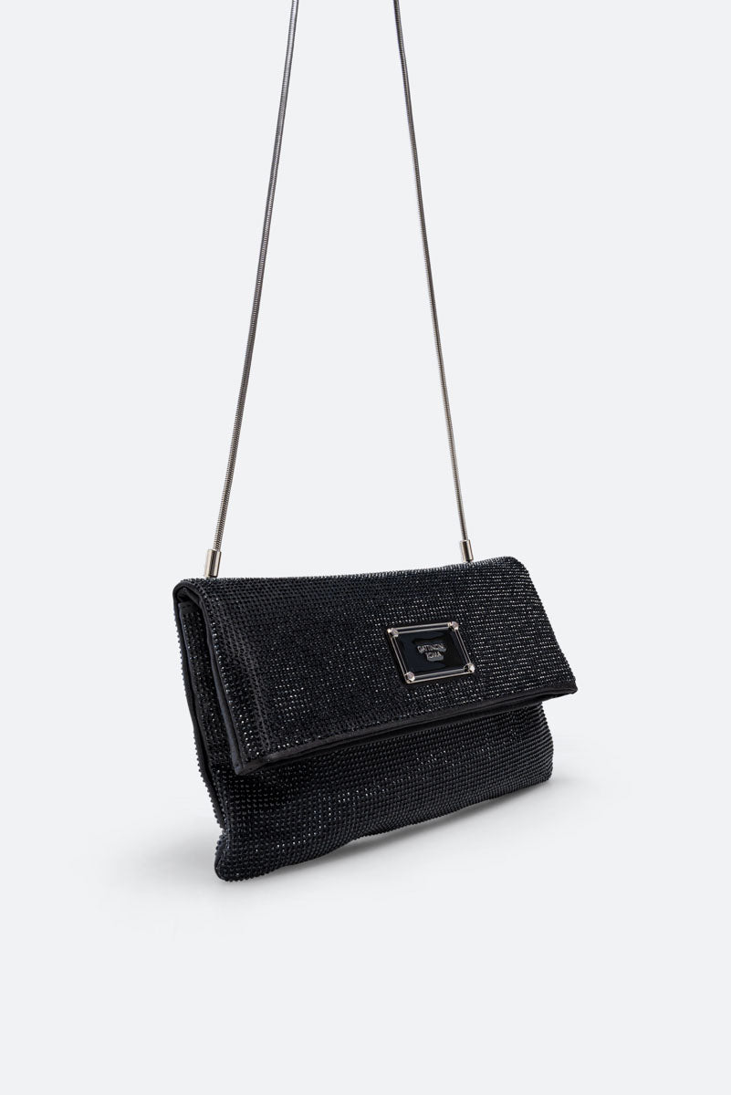Clutch fluffy in satin e cristalli nero