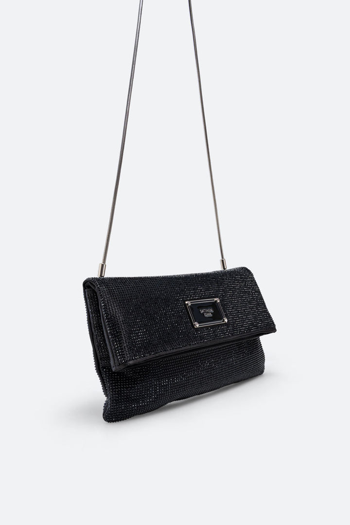 Clutch fluffy in satin e cristalli nero
