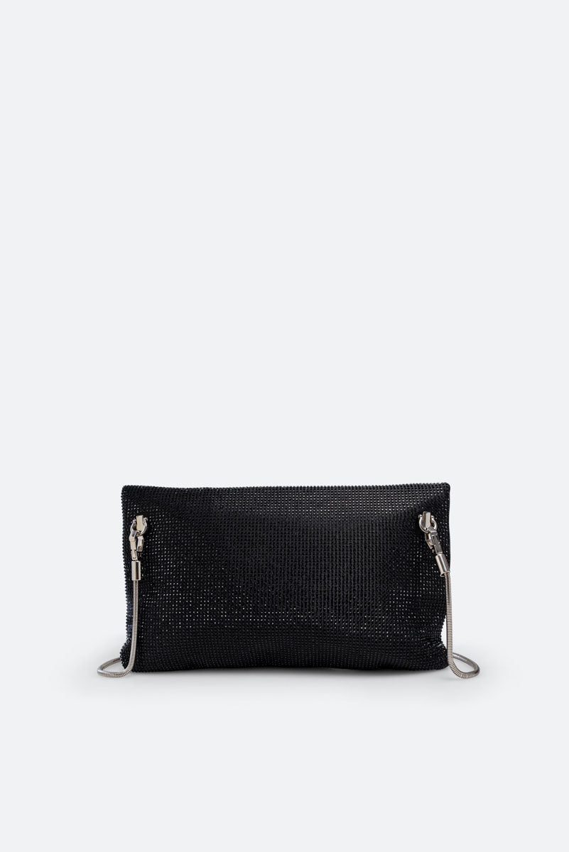 Clutch fluffy in satin e cristalli nero