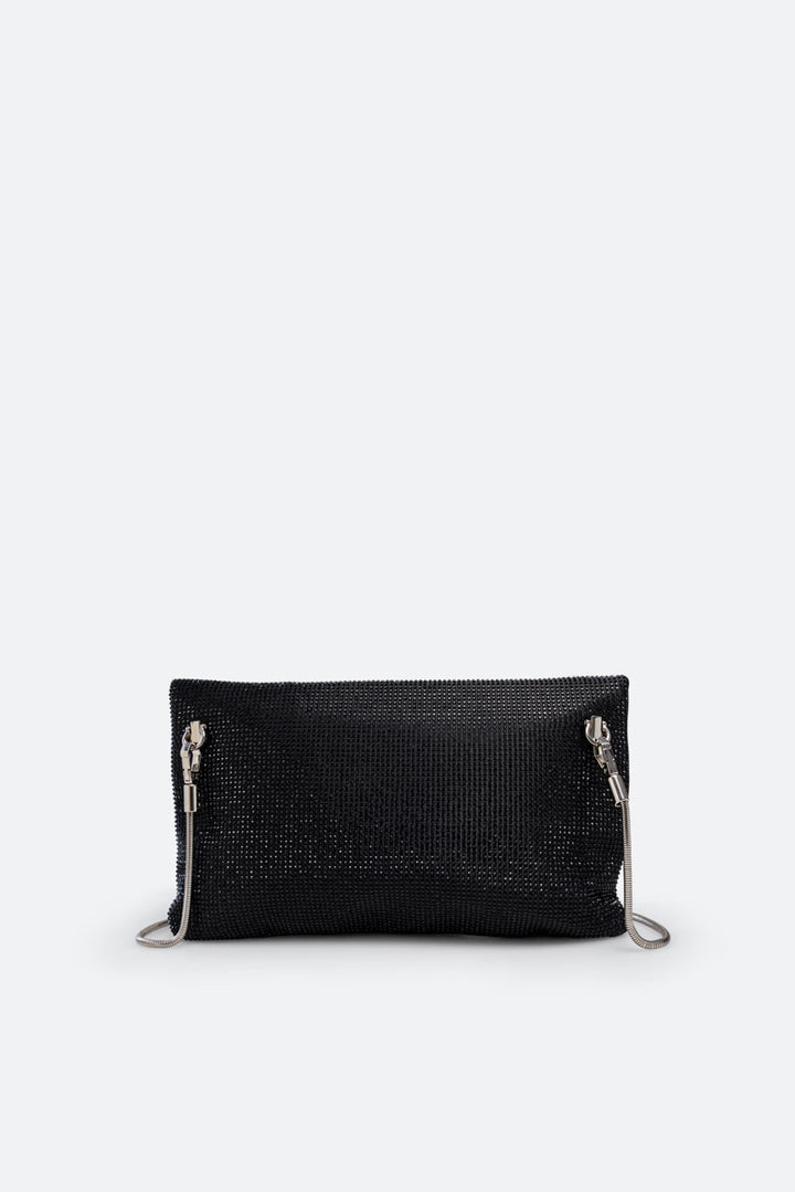 Clutch fluffy in satin e cristalli nero