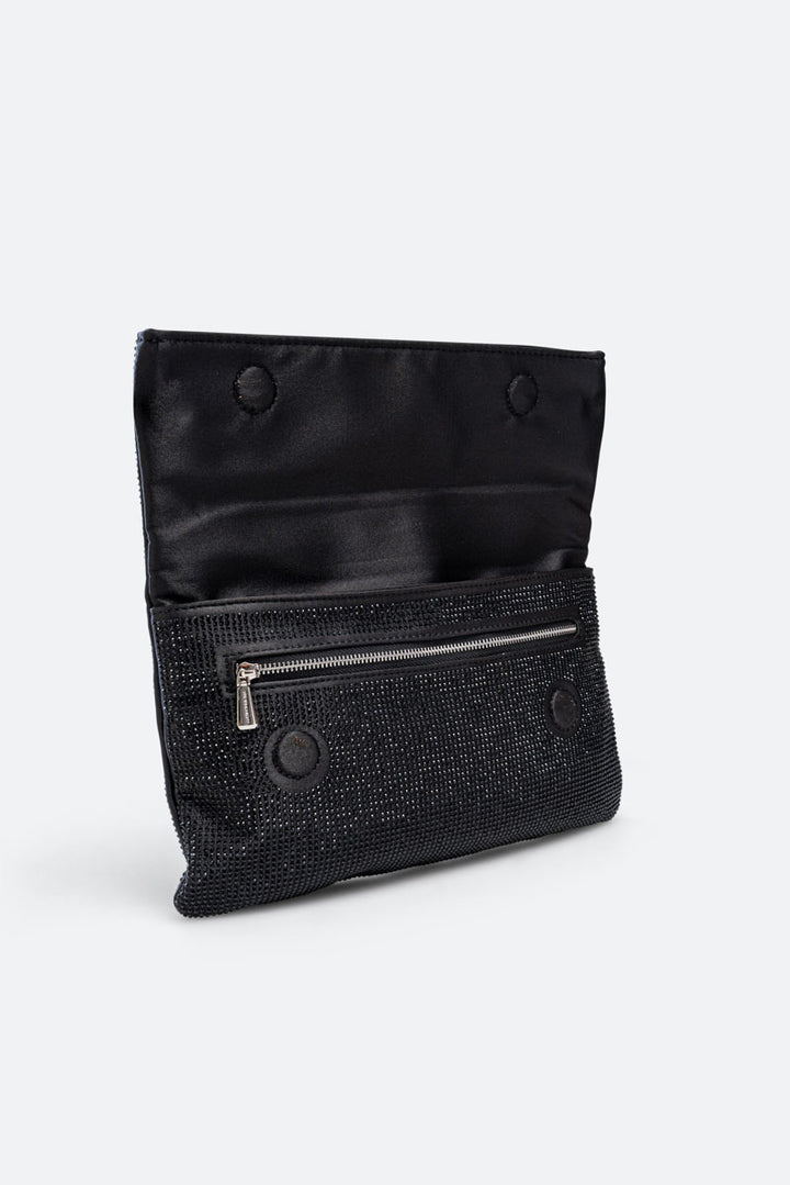 Clutch fluffy in satin e cristalli nero
