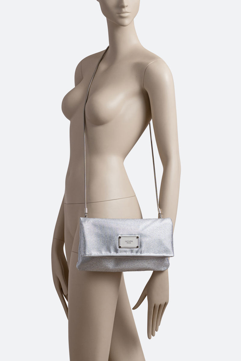 Clutch fluffy in satin e cristalli Grigio