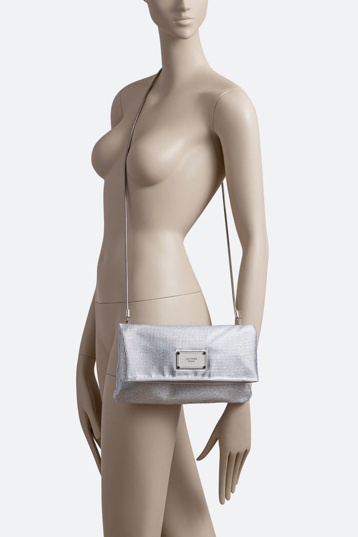 Clutch fluffy in satin e cristalli Grigio