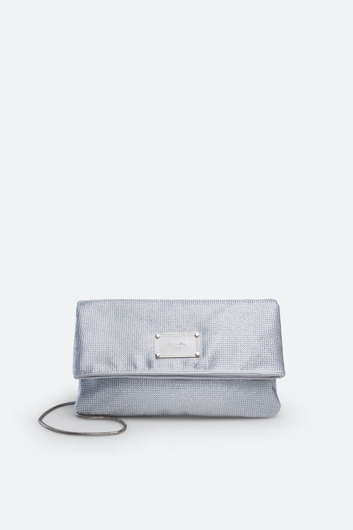 Clutch fluffy in satin e cristalli Grigio