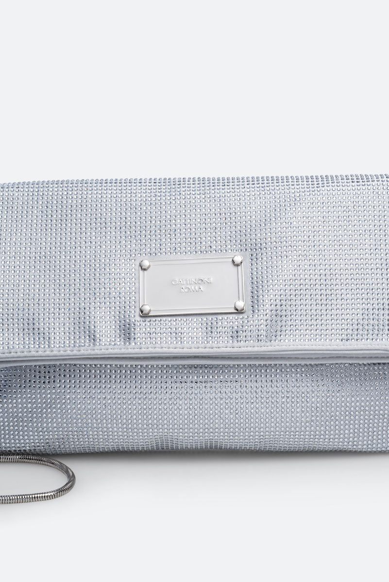 Clutch fluffy in satin e cristalli Grigio