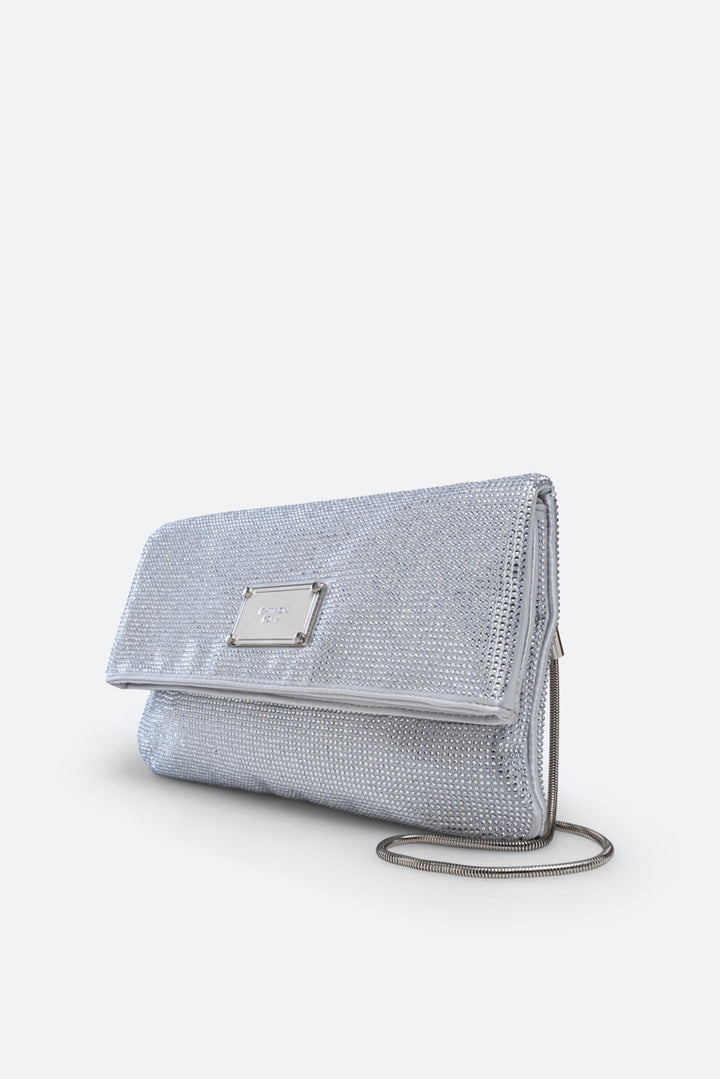 Clutch fluffy in satin e cristalli Grigio