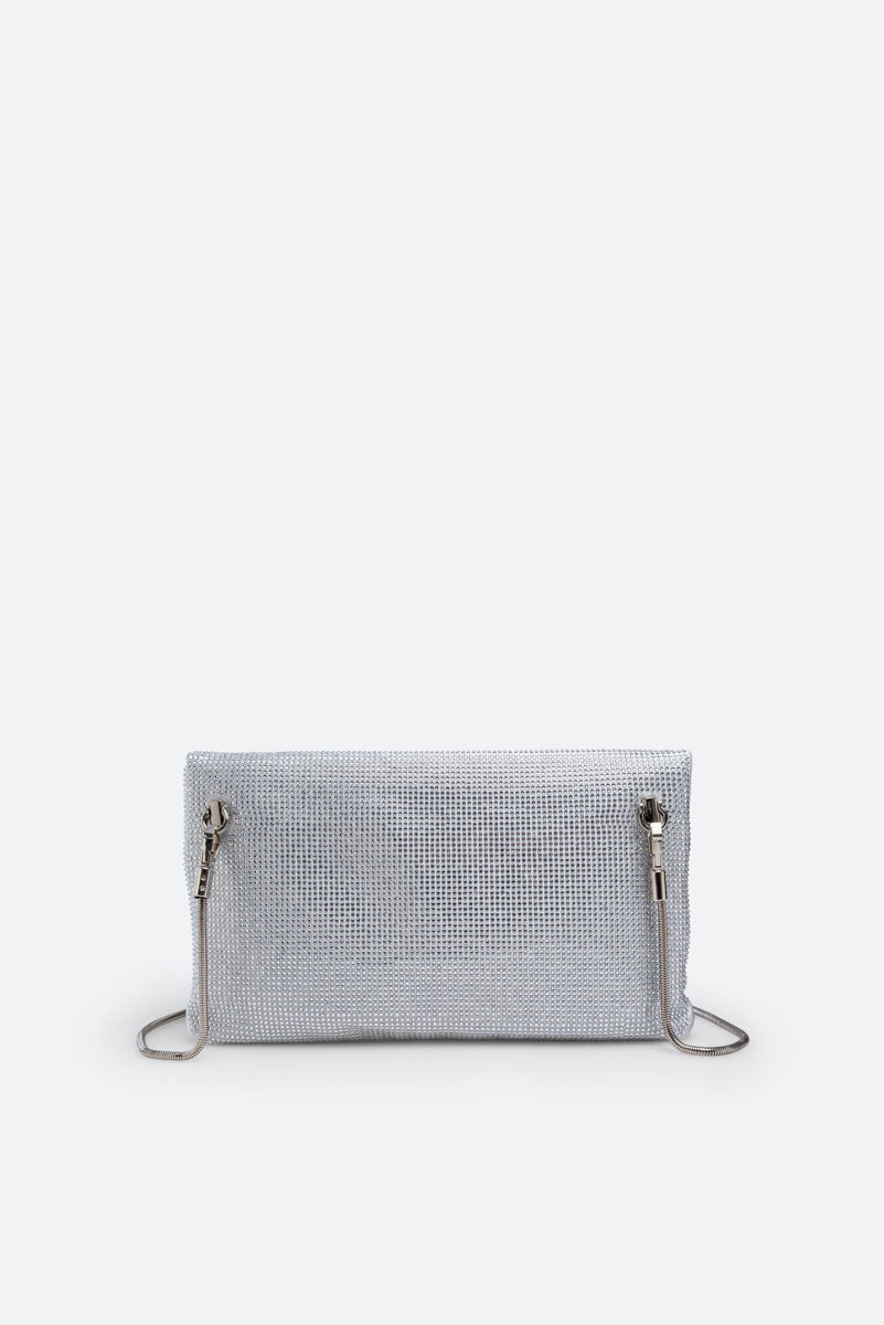 Clutch fluffy in satin e cristalli Grigio