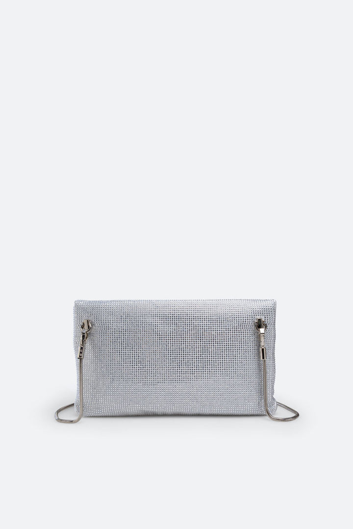 Clutch fluffy in satin e cristalli Grigio