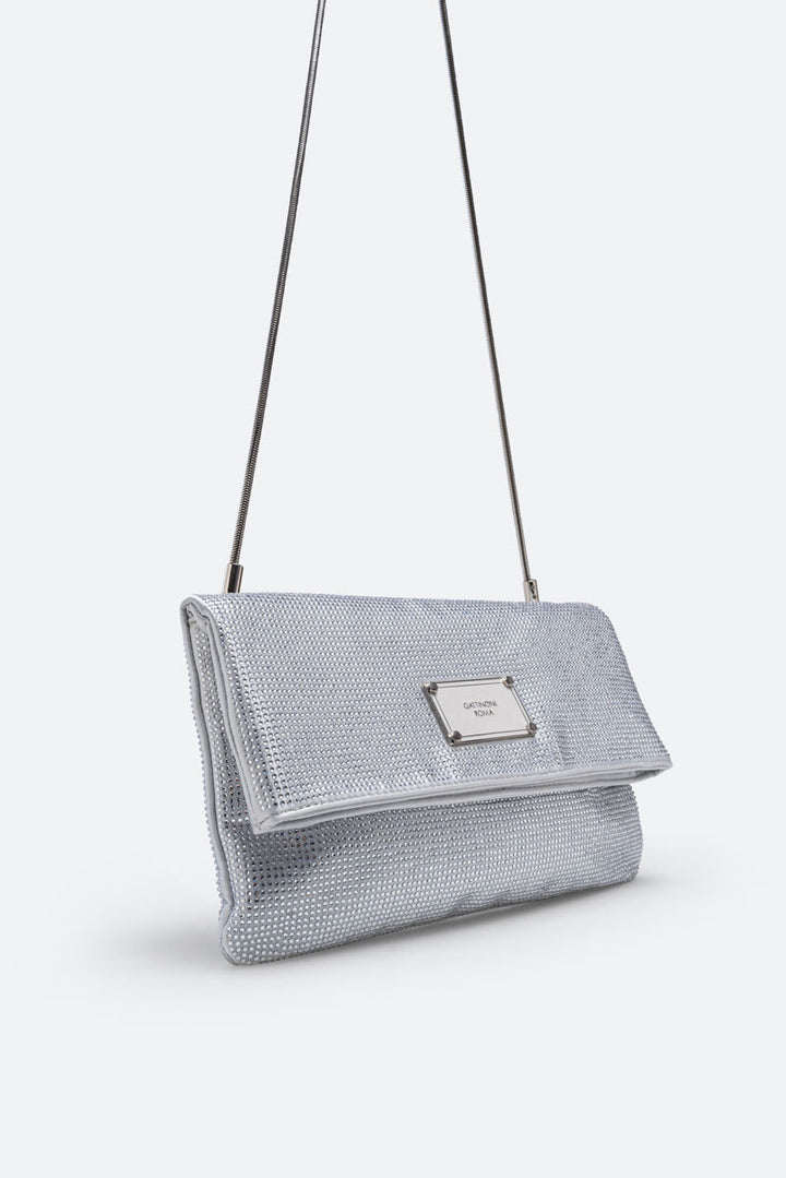 Clutch fluffy in satin e cristalli Grigio