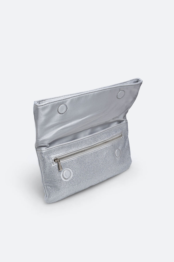 Clutch fluffy in satin e cristalli Grigio