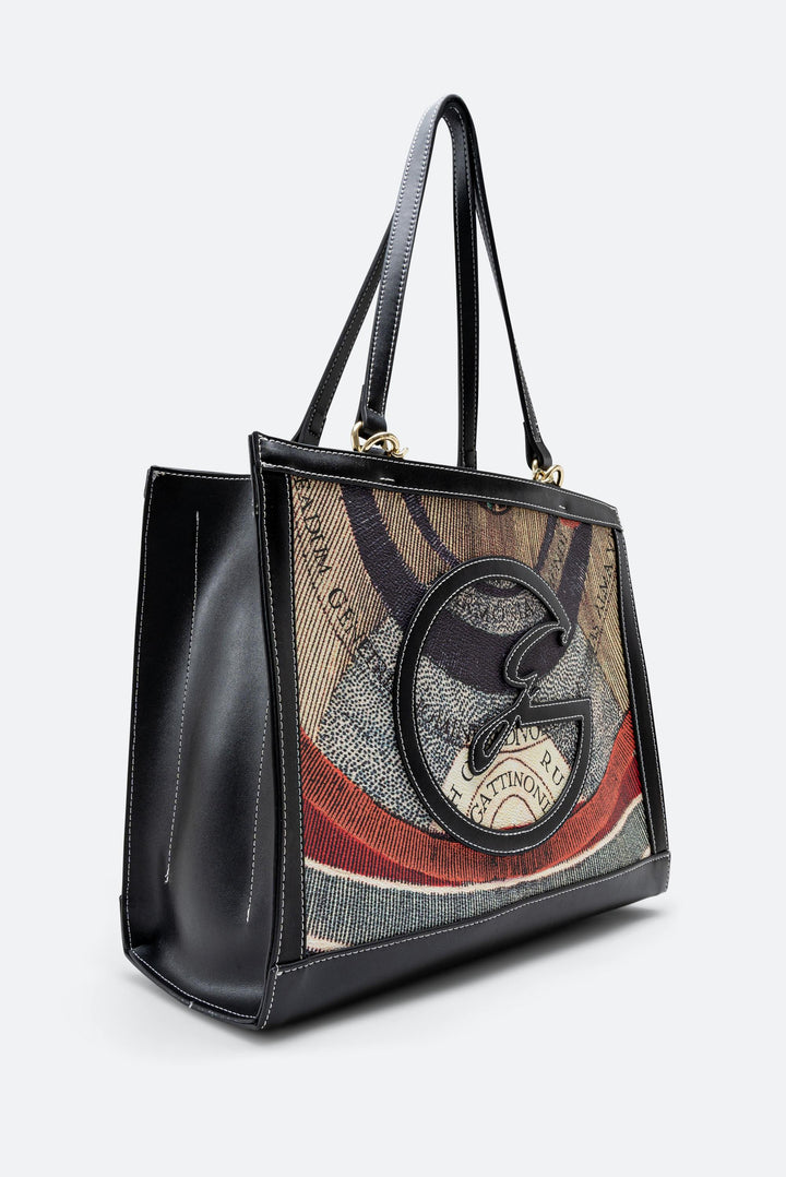 Shopping Bag Grande Planetarium classic con Logo e Finitura in Pelle colore Nero