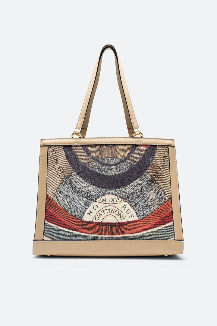 Shopping Bag Grande Planetarium Classic con Logo e Finitura in Pelle Beige